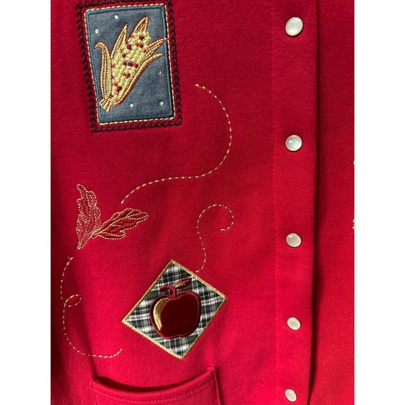 VTG Breckenridge women’s Petite M red fleece lined pearl snap appliqué cardigan - Picture 7 of 8